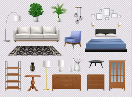 Set of isolated interior icons with realistic images of pieces of designer furniture on transparent background vector illustrationのイラスト素材