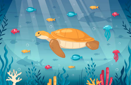 Diving snorkeling ocean underwater world cartoon background composition with smiling turtle...