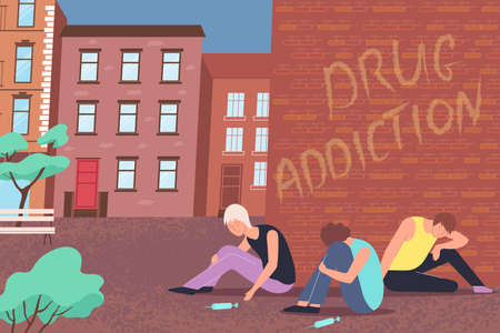 Drug addiction composition with three drug addicts sit in the alley with syringes vector illustrationのイラスト素材