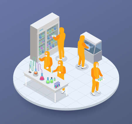 Pharmaceutical production isometric composition of round platform with scientist characters and test tubes with colourful liquids vector illustrationのイラスト素材