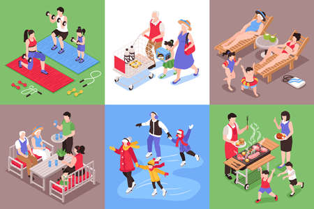 Isometric generation family design concept with set of six square compositions with family member characters together vector illustrationのイラスト素材