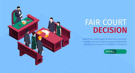 Isometric justice law horizontal banner with more button editable text and human characters of trial participants vector illustrationのイラスト素材