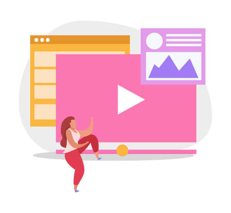 Graphic design flat composition with computer windows video player app and female character vector illustrationのイラスト素材