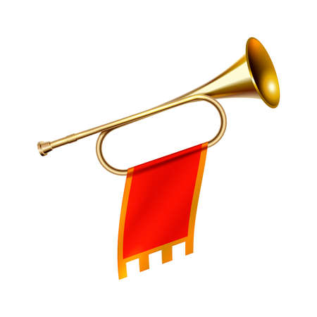Crowns laurel wreath realistic composition with isolated image of horn wind instrument with colorful...