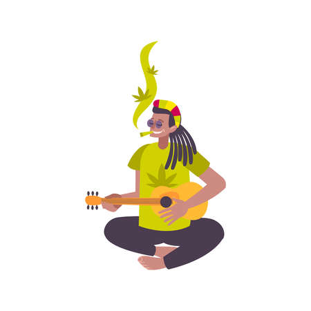 Cannabis hemp marijuana people composition with character of rasta person smoking dope and playing guitar vector illustrationのイラスト素材