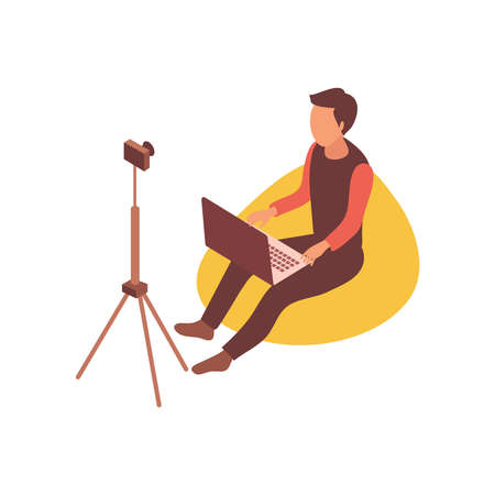 Blogger isometric composition with character of sitting guy with laptop and camera on tripod vector illustrationのイラスト素材