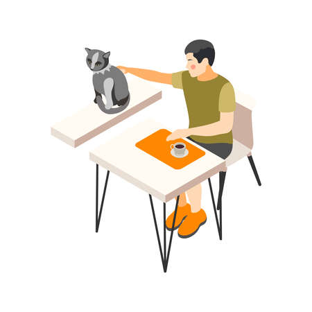 Contact zoo contact farm zoocafe isometric icons composition with man drinking coffee and touching cat vector illustrationのイラスト素材