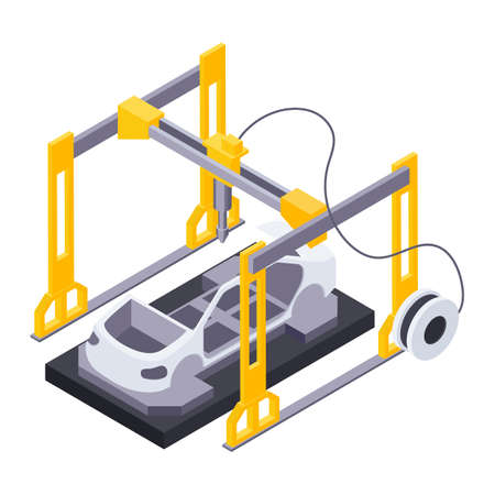 Electric vehicle production isometric composition with view of industrial conveyor for building...