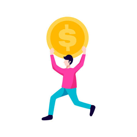 Crowdfunding composition with male human character running with big dollar coin on blank background vector illustrationのイラスト素材