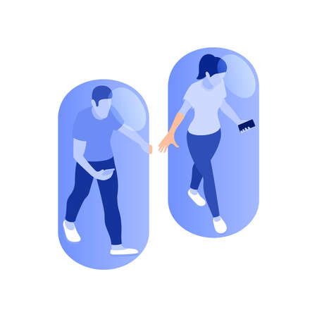 Social network addiction isometric composition with isolated human characters of walking people holding hands in capsules vector illustrationのイラスト素材