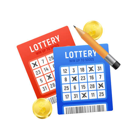 Realistic bingo lottery lotto composition with images of lottery tickets with crossed numbers pencil and coins vector illustrationのイラスト素材