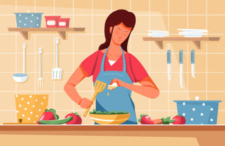 Proper nutrition flat composition with kitchen scenery and woman adding oil to salad with vegetables and cutlery vector illustrationのイラスト素材