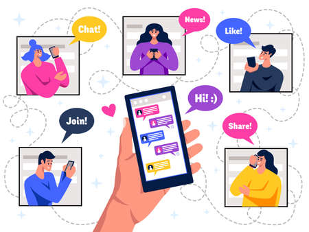 Social network members hands holding mobile live chat messaging flat colorful schema with speech bubbles vector illustrationのイラスト素材