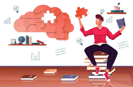 Self education concept composition with flat images of brain mosaic with human character sitting on...