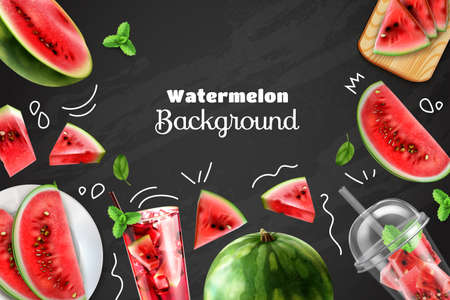 Watermelon colored background with realistic images of chopped fresh berries and glasses with fruit smoothie on chalkboard vector illustrationのイラスト素材