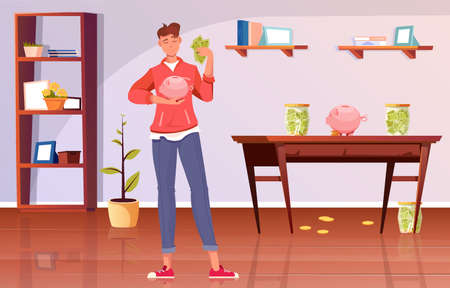 Save money invest flat composition with home interior scenery and male character putting banknotes in box vector illustrationのイラスト素材