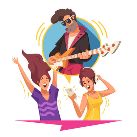 Online music content with musician playing guitar singer with microphone and dancing girl flat...