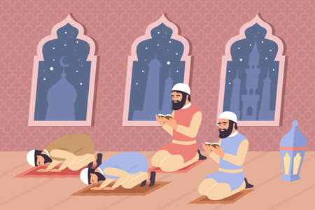 Islam religion flat composition with characters of praying arabic men with indoor scenery and temple silhouettes vector illustrationのイラスト素材