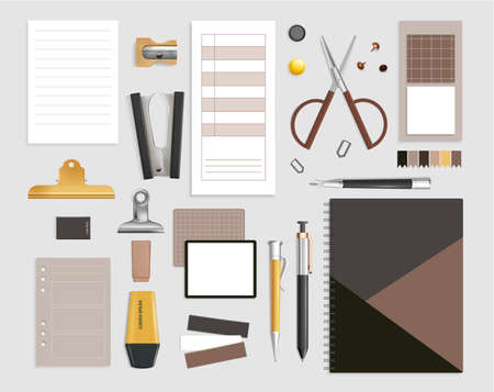 Office items set with scissors and pen realistic isolated vector illustrationのイラスト素材