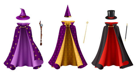 Magician clothes realistic set with isolated images of gowns with hats and sticks on blank background vector illustrationのイラスト素材