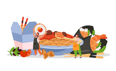 Wok box flat composition with japanese meal fast food noodles on plate with cardboard takeaway box vector illustrationのイラスト素材