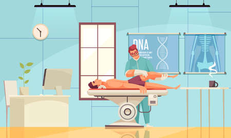 Physiotherapy rehabilitation composition with indoor view of hospital room with characters of patient and medical specialist vector illustrationのイラスト素材