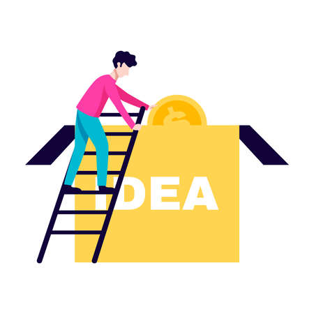 Crowdfunding composition with human character on ladder looking into idea box with coins vector illustrationのイラスト素材