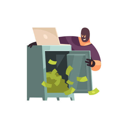Hacker composition with open safe full of money with laptop and happy thief character in mask vector illustrationのイラスト素材