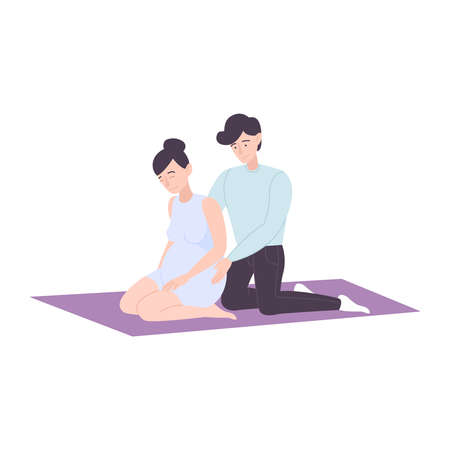 Childbirth motherhood flat composition with human characters of future parents with pregnant woman and caring man vector illustrationのイラスト素材