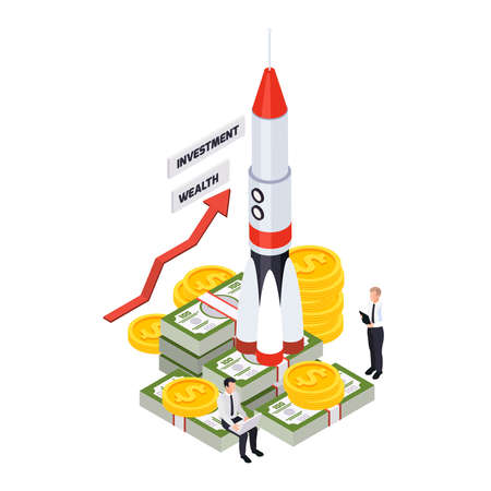 Wealth management isometric composition with people and images of rocket standing on cash stack with coins vector illustrationのイラスト素材