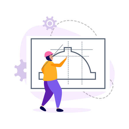 Engineering flat icons composition with gear silhouettes and character of engineer drawing project vector illustrationのイラスト素材