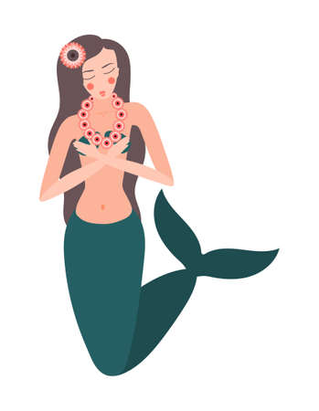 Flower girls flat composition with fictional character of water nymph wearing necklace with flowers vector illustrationのイラスト素材