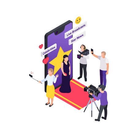 Journalists reporters news media isometric composition with red carpet and smartphone with star and emoticons vector illustrationのイラスト素材