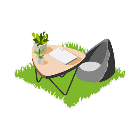 Green office isometric composition with grass floor and designer table with plant pots and laptop vector illustrationのイラスト素材