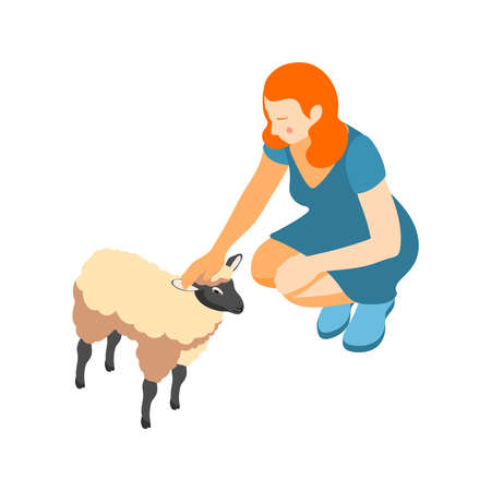 Contact zoo contact farm zoocafe isometric icons composition with female character stroking sheep vector illustrationのイラスト素材