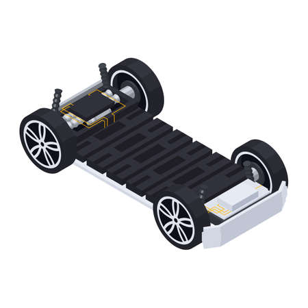 Electric vehicle production isometric composition with isolated image of assembled driving bogie on...