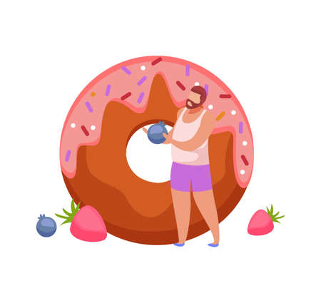 People with breakfast flat composition with small character of barbed man with berries and donut icons vector illustrationのイラスト素材