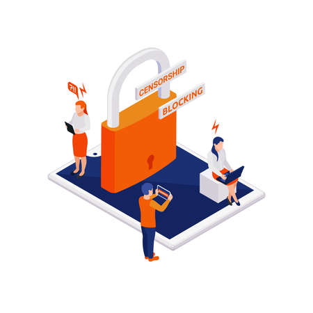 Internet censorship blocking isometric composition with human characters of gadget users with tablet and lock icon vector illustrationのイラスト素材