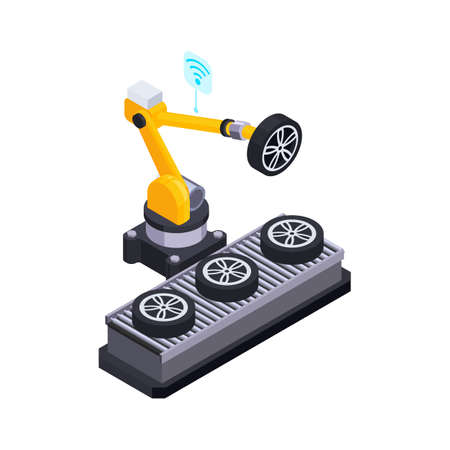 Electric vehicle production isometric composition with wireless arm manipulator assembling car tires and wheels vector illustrationのイラスト素材