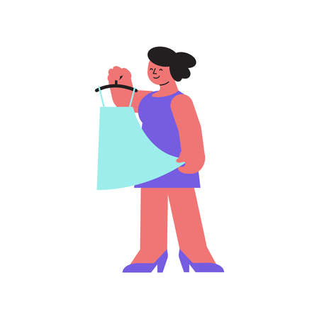 Cloth shop composition with character of happy woman handling new dress on blank background vector illustrationのイラスト素材