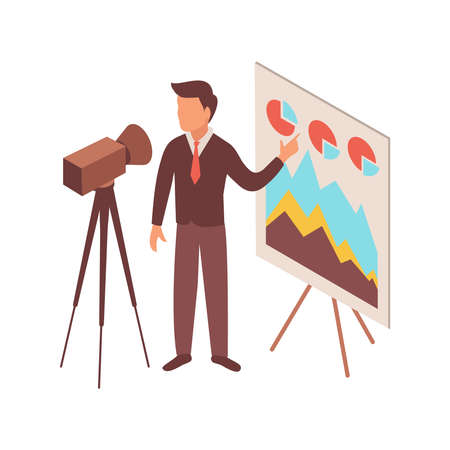 Blogger isometric composition with male character in smart clothes with camera and diagram charts vector illustrationのイラスト素材