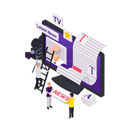 Journalists reporters news media isometric composition with computer display and people setting feed content blocks vector illustrationのイラスト素材