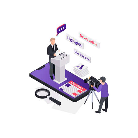 Journalists reporters news media isometric composition with politician talking from tribune with cameraman and smartphone vector illustrationのイラスト素材