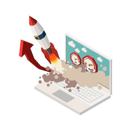 Web seo isometric composition with images of rocket flying off laptop screen with arrow and...
