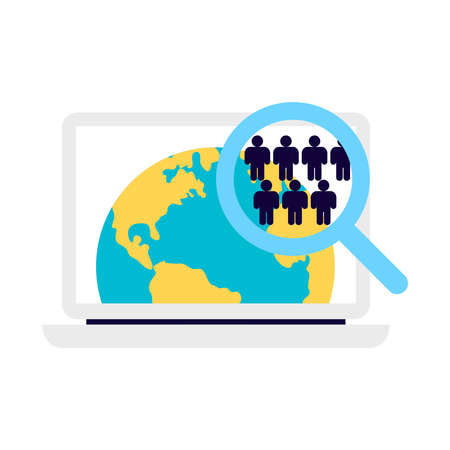 Crowdfunding composition with images of laptop computer with world map app and hand lens vector illustrationのイラスト素材