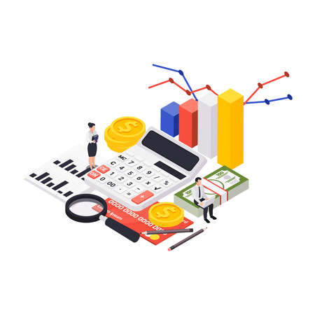 Wealth management isometric composition with images of calculator with hand lens and bar chart with coins vector illustrationのイラスト素材