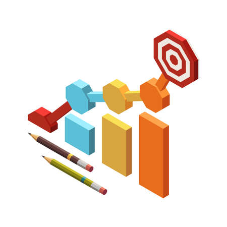 Web seo isometric composition with images of pencils and colourful bar charts with target sign vector illustrationのイラスト素材