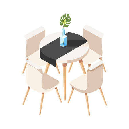 Loft interior isometric composition with images of chairs surrounding circle shaped dining table vector illustrationのイラスト素材
