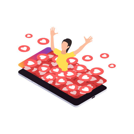 Social network addiction isometric composition with character of woman wallowing in smartphone pool...