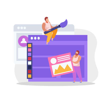 Graphic design flat composition with male characters of designers with brush icons and computer windows vector illustrationのイラスト素材